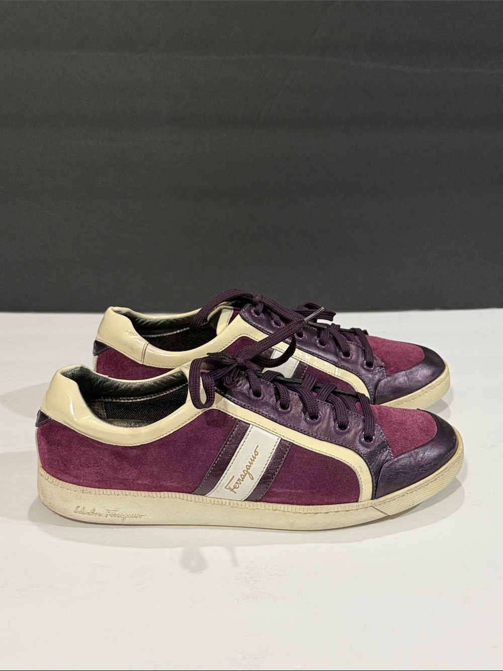 Salvatore Ferragamo Purple Suede & Cream Trim Low-Top Sneakers, size 7 B